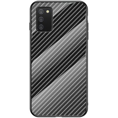 Hátlapvédő telefontok szilikon keret (BUMPER, edzett üveg hátlap, karbon minta), Fekete [Samsung Galaxy A02s (SM-A025F)]