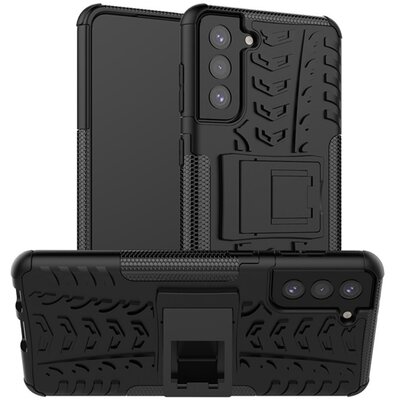 Defender műanyag hátlapvédő telefontok (közepesen ütésálló, szilikon belső, kitámasztó, autógumi minta), Fekete [Samsung Galaxy S21+ Plus (SM-G996) 5G]
