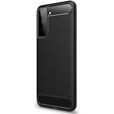 Szilikon hátlapvédő telefontok (közepesen ütésálló, légpárnás sarok, szálcsiszolt, karbon minta), Fekete [Samsung Galaxy S21 (SM-G991) 5G]