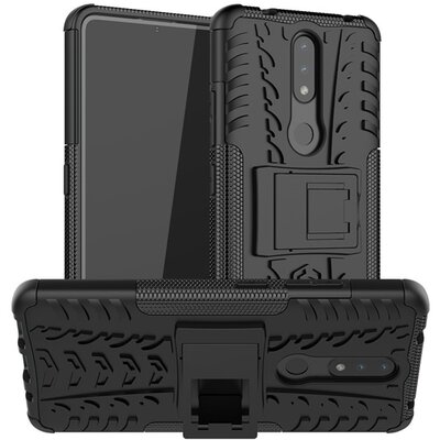 Defender műanyag hátlapvédő telefontok (közepesen ütésálló, szilikon belső, kitámasztó, autógumi minta), Fekete [Nokia 2.4]
