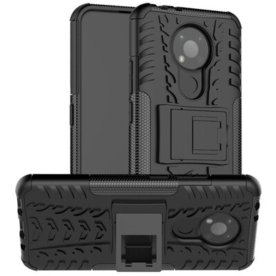 Defender műanyag hátlapvédő telefontok (közepesen ütésálló, szilikon belső, kitámasztó, autógumi minta), Fekete [Nokia 3.4]