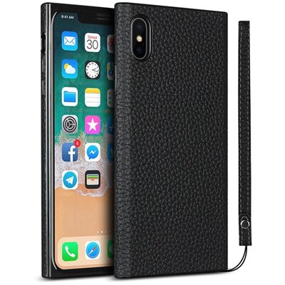 Szilikon hátlapvédő telefontok (valódi bőr bevonat, csuklópánt), Fekete [Apple iPhone X 5.8, Apple iPhone XS 5.8]