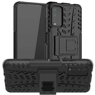Defender műanyag hátlapvédő telefontok (közepesen ütésálló, szilikon belső, kitámasztó, autógumi minta), Fekete [Xiaomi Redmi Note 9 4G]