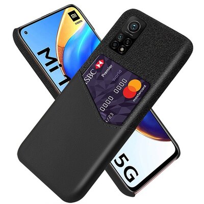 Műanyag hátlapvédő telefontok (közepesen ütésálló, bankkártya tartó, textil bevonat, bőr hatású hátlap), Fekete [Xiaomi Mi 10T 5G, Xiaomi Mi 10T Pro 5G]