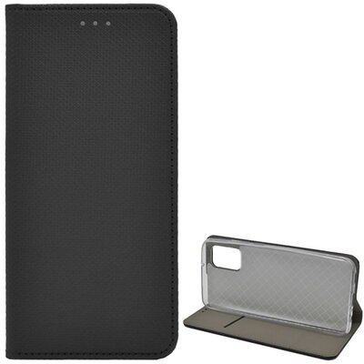 Telefontok álló, bőr hatású (Flip, oldalra nyíló, asztali tartó funkció, rombusz minta), Fekete [Samsung Galaxy A02s (SM-A025F)]