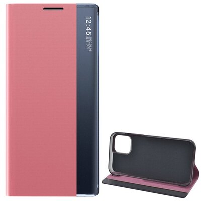 Telefontok álló, bőr hatású (aktív flip, oldalra nyíló, asztali tartó funkció, hívószámkijelzés, View Window), Rózsaszín [Apple iPhone 12 Pro Max]