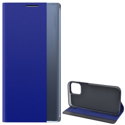Telefontok álló, bőr hatású (aktív flip, oldalra nyíló, asztali tartó funkció, hívószámkijelzés, View Window), Kék [Apple iPhone 12 Pro Max]
