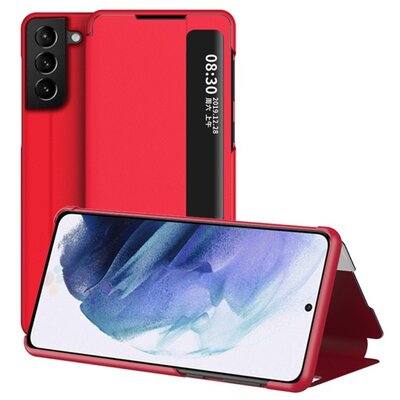 Telefontok álló, bőr hatású (aktív flip, oldalra nyíló, asztali tartó funkció, hívószámkijelzés, View Window), Piros [Samsung Galaxy S21+ Plus (SM-G996) 5G]