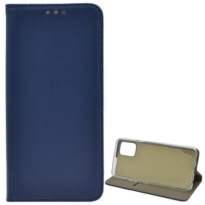 Telefontok álló, bőr hatású (Flip, oldalra nyíló, asztali tartó funkció), Sötétkék [LG K52]