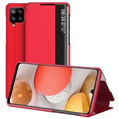 Telefontok álló, bőr hatású (aktív flip, oldalra nyíló, asztali tartó funkció, hívószámkijelzés, View Window), Piros [Samsung Galaxy A42 5G (SM-A425F)]