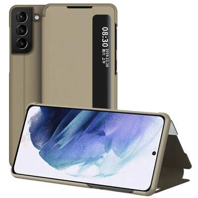 Telefontok álló, bőr hatású (aktív flip, oldalra nyíló, asztali tartó funkció, hívószámkijelzés, View Window), Barna [Samsung Galaxy S21+ Plus (SM-G996) 5G]