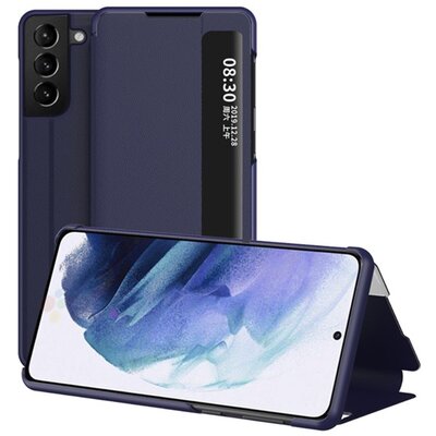 Telefontok álló, bőr hatású (aktív flip, oldalra nyíló, asztali tartó funkció, hívószámkijelzés, View Window), Sötétkék [Samsung Galaxy S21+ Plus (SM-G996) 5G]