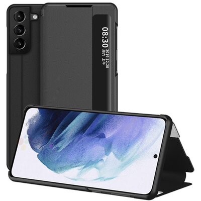 Telefontok álló, bőr hatású (aktív flip, oldalra nyíló, asztali tartó funkció, hívószámkijelzés, View Window), Fekete [Samsung Galaxy S21+ Plus (SM-G996) 5G]