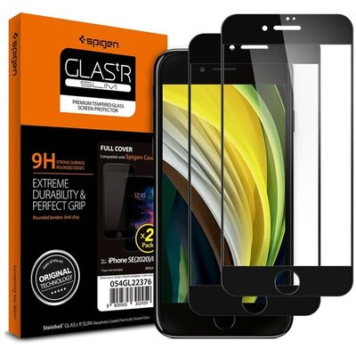 SPIGEN SLIM HD 2 kijelzővédő üvegfólia 2db (2.5D full cover, extra karcálló, telefontok barát, 0.33mm, 9H), Fekete [Apple iPhone 7 4.7, Apple iPhone 8 4.7, Apple iPhone SE (2020)]