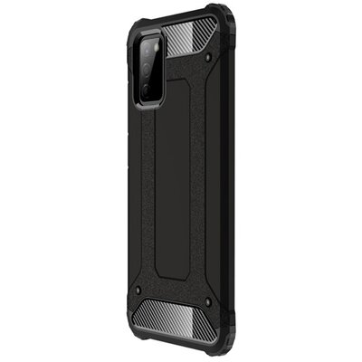 Defender műanyag hátlapvédő telefontok (közepesen ütésálló, légpárnás sarok, szilikon belső, fémhatás), Fekete [Samsung Galaxy A02s (SM-A025F)]