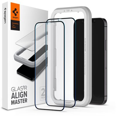 SPIGEN ALIGNMASTER SLIM kijelzővédő üvegfólia 2db (2.5D full cover, karcálló, ultravékony, 0.2mm, 9H + segédkeret), Fekete [Apple iPhone 12 Pro Max]