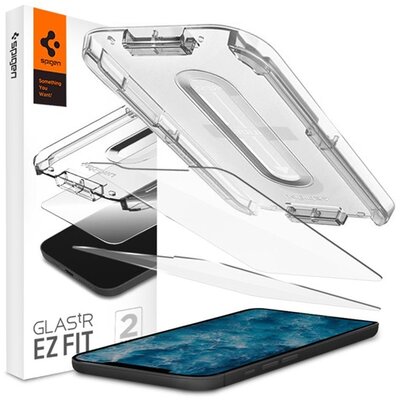 SPIGEN EZ FIT 2 HD kijelzővédő üvegfólia 2db (2.5D full cover, karcálló, ultravékony, 0.2mm, 9H + segédkeret), Átlátszó [Apple iPhone 12 Pro Max]