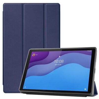 Tablet védőtok álló, bőr hatású (aktív flip, oldalra nyíló, TRIFOLD asztali tartó funkció) SÖTÉTKÉK [Lenovo Tab M10 HD (TB-X306F)]