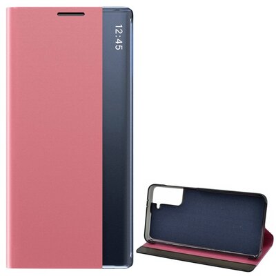 Telefontok álló, bőr hatású, aktív flip, oldalra nyíló, asztali tartó funkció, Smart View Cover, Rózsaszín [Samsung Galaxy S21+ Plus (SM-G996) 5G]