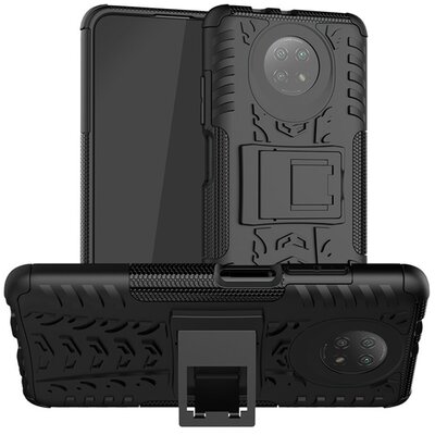 Defender műanyag hátlapvédő telefontok (közepesen ütésálló, szilikon belső, kitámasztó, autógumi minta), Fekete [Xiaomi Redmi Note 9 5G, Xiaomi Redmi Note 9T 5G]