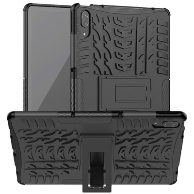 Defender műanyag tablet hátlapvédő tok (közepesen ütésálló, szilikon belső, kitámasztó, autógumi minta), Fekete [Lenovo Tab P11 Pro (TB-J706F)]