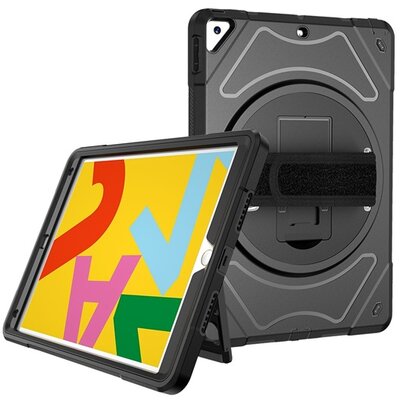 Defender szilikon tablet hátlapvédő tok (kézpánt, közepesen ütésálló, kitámasztó, 360°-ban forgatható), Fekete [Apple IPAD 10.2 (2020), Apple IPAD 10.2 (2019)]