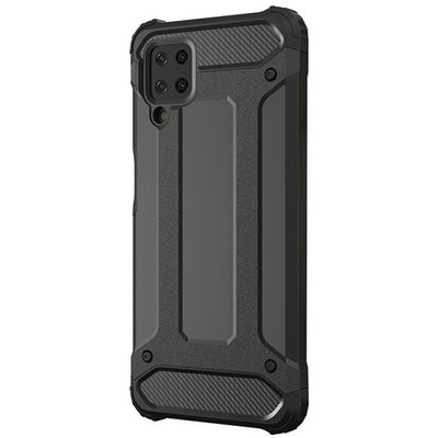 Defender műanyag hátlapvédő telefontok (közepesen ütésálló, légpárnás sarok, szilikon belső, fémhatás), Fekete [Samsung Galaxy A12 (SM-A125F)]