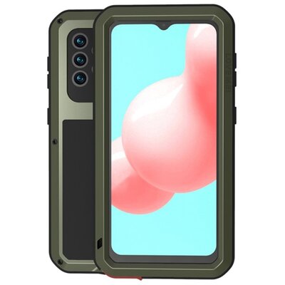 LOVE MEI Powerful defender elő- és hátlapvédő telefontok, gumi (ütésálló, fém keret + Gorilla Glass üveg), Sötétzöld [Samsung Galaxy A32 5G (SM-A326)]