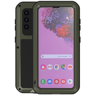 LOVE MEI Powerful defender elő- és hátlapvédő telefontok, gumi (ütésálló, fém keret + Gorilla Glass üveg), Sötétzöld [Samsung Galaxy S21 (SM-G991) 5G]