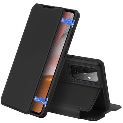 DUX DUCIS SKIN X telefontok álló, bőr hatású (Flip, oldalra nyíló, asztali tartó, vezeték nélküli töltés támogatás), Fekete [Samsung Galaxy A72 4G (SM-A725F), Samsung Galaxy A72 5G (SM-A726F)]