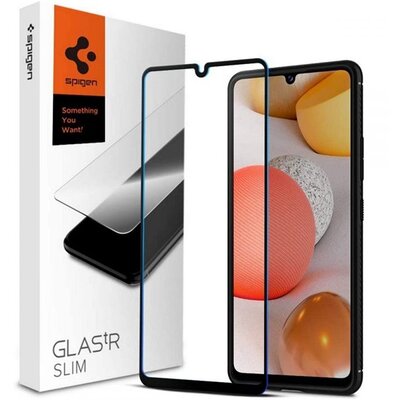 SPIGEN SLIM kijelzővédő üvegfólia (2.5D full cover, extra karcálló, ujjlenyomatmentes, tok barát, 0.33mm, 9H), Fekete [Samsung Galaxy A42 5G (SM-A425F)]