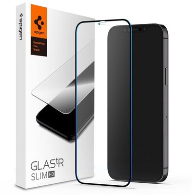 SPIGEN SLIM HD kijelzővédő üvegfólia (2.5D full cover, extra karcálló, tok barát, ultravékony, 0.2mm, 9H), Fekete [Apple iPhone 12, Apple iPhone 12 Pro]