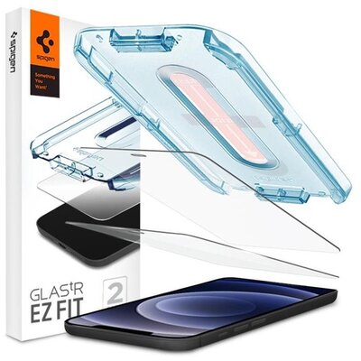 SPIGEN EZ FIT 2 HD kijelzővédő üvegfólia 2 db (2.5D full cover, karcálló, ultravékony, 0.2mm, 9H + segédkeret), Átlátszó [Apple iPhone 12]