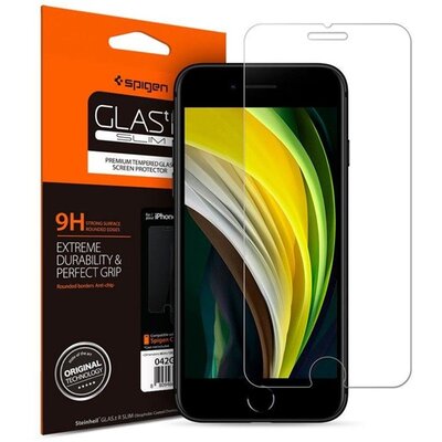 SPIGEN SLIM kijelzővédő üvegfólia (2.5D full cover, extra karcálló, tokbarát, ultravékony, 0.2mm, 9H), Átlátszó [Apple iPhone 7 4.7, Apple iPhone 8 4.7, Apple iPhone SE (2020)]