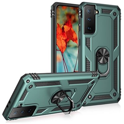 Defender műanyag hátlapvédő telefontok (közepesen ütésálló, szilikon belső, telefontartó gyűrű, beépített fémlemez), Zöld [Samsung Galaxy S21 FE (SM-G990)]
