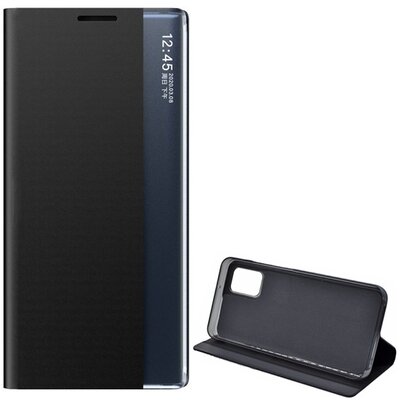 Telefontok álló, textil (aktív flip, oldalra nyíló, asztali tartó funkció, Smart View Cover), Fekete [Samsung Galaxy A02s (SM-A025F)]