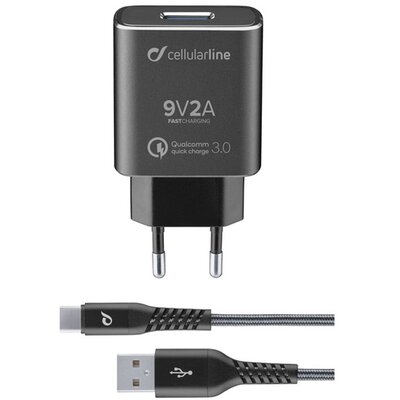 CELLULARLINE TETRAFORCE hálózati töltő USB aljzat (9V / 2000 mA, 18W, adaptív gyorstöltés + Type-C kábel), Fekete