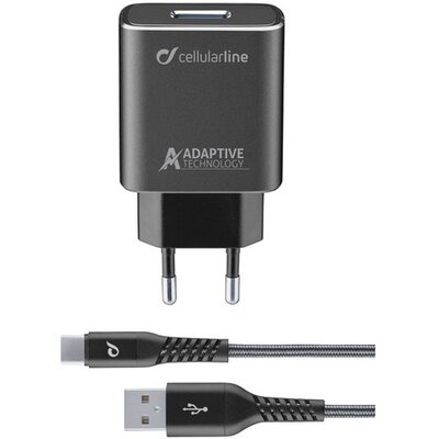 CELLULARLINE TETRAFORCE hálózati töltő USB aljzat (9V / 2000 mA, 15W, adaptív gyorstöltés + Type-C kábel), Fekete