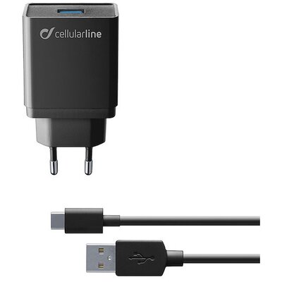 CELLULARLINE hálózati töltő USB aljzat (5V / 2000 mA, 10W, PD gyorstöltés támogatás + Type-C kábel), Fekete