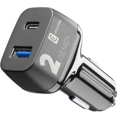 CELLULARLINE 2 PRO autós töltő USB + Type-C aljzat (9V / 2000 mA, 2 x 18W, adaptív gyorstöltés támogatás), Fekete