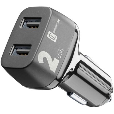 CELLULARLINE autós töltő 2 x USB aljzat (9V / 2000 mA, 2 x 12W, gyorstöltés támogatás), Fekete