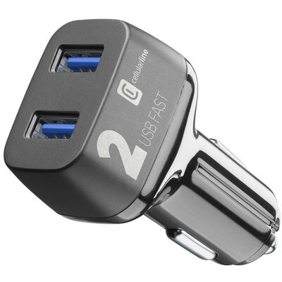CELLULARLINE autós töltő 2 x USB aljzat (9V / 2000 mA, 36W, adaptív gyorstöltés támogatás), Fekete