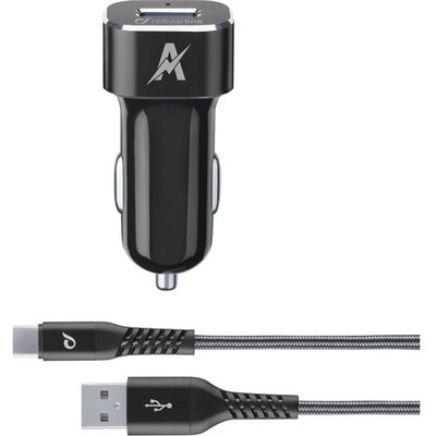 CELLULARLINE TETRAFORCE autós töltő USB aljzat (9V / 2000 mA, 15W, adaptív gyorstöltés támogatás + Type-C kábel), Fekete