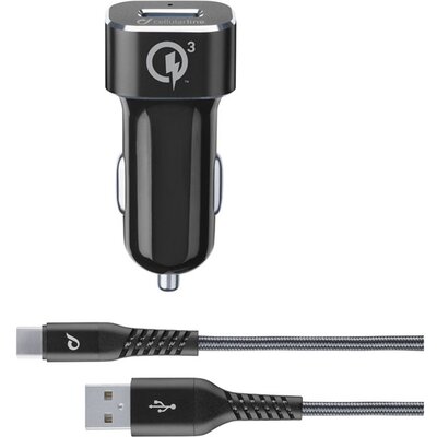 CELLULARLINE TETRAFORCE autós töltő USB aljzat (9V / 2000 mA, 18W, adaptív gyorstöltés támogatás + Type-C kábel), Fekete
