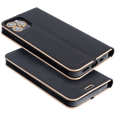 Luna Book elegáns flipes oldalra nyíló bőr hatású telefontok, alumínium éllel - Xiaomi Redmi 9A / 9AT, Fekete