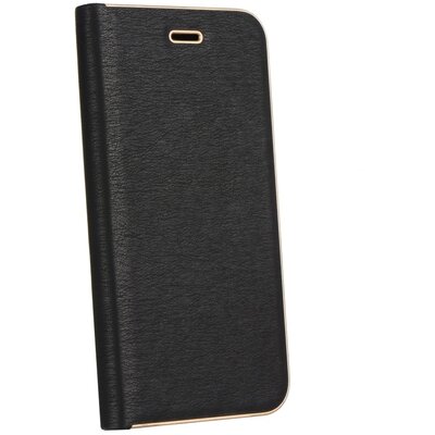 Luna Book elegáns flipes oldalra nyíló bőr hatású telefontok, alumínium éllel - Samsung Galaxy A12, Fekete