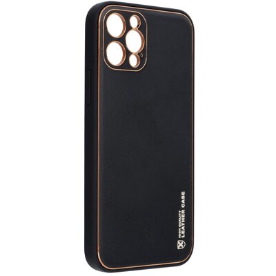 Forcell Leather elegáns szilikon hátlapvédő telefontok, bőrhatású borítás + arany szegély - iPhone 12 Pro, Fekete