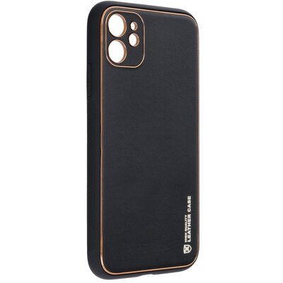 Forcell Leather elegáns szilikon hátlapvédő telefontok, bőrhatású borítás + arany szegély - iPhone 11 ( 6,1" ), Fekete