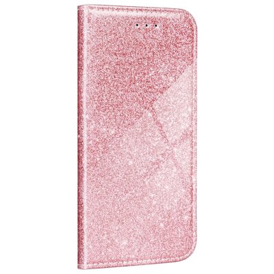 Shinning fényes, oldalra nyíló bőr hatású flip telefontok, csillogó felület, bankkártya tartóval - Samsung Galaxy S21, Rosegold