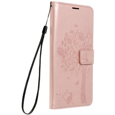 Forcell Mezzo oldalra nyíló flipes telefontok, bőrhatású, nyomott mintával - Xiaomi Mi 10T Lite 5G, Fa minta, Rosegold